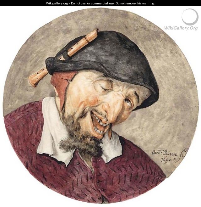 Caricature Head Of A Leering Man, A Recorder Tucked Into His Hat - Cornelis Dusart