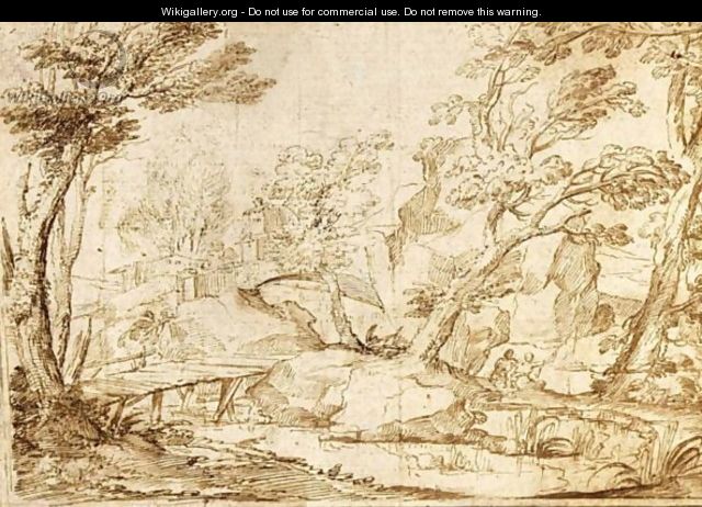 Italianate Rocky Landscape With A Bridge Over A Stream, Two Fishermen Behind - Flemish School