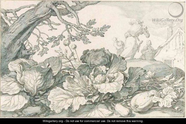 Cabbage And Pumpkins At The Foot Of An Old Tree, In The Background Figures Carrying Vegetables Home - Abraham Bloemaert
