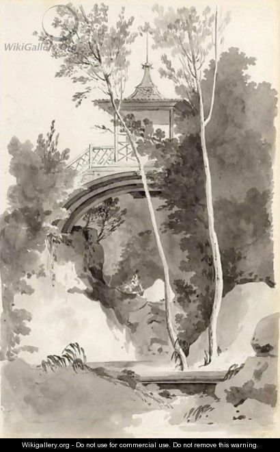 A Pagoda On A Bridge - (after) Antoine Pierre Mongin