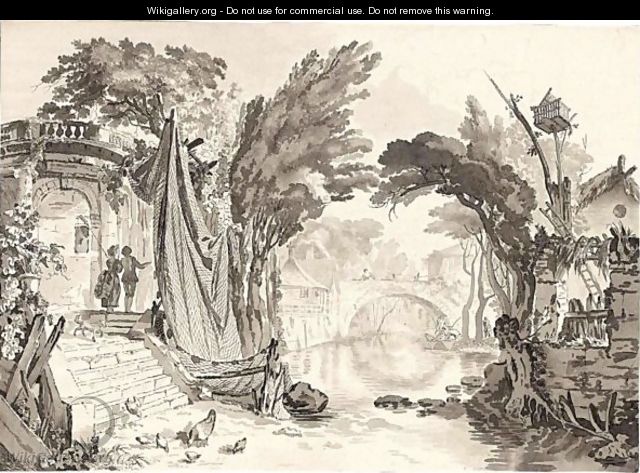 River View With A Bridge, And Figures By Fishing Nets - French School