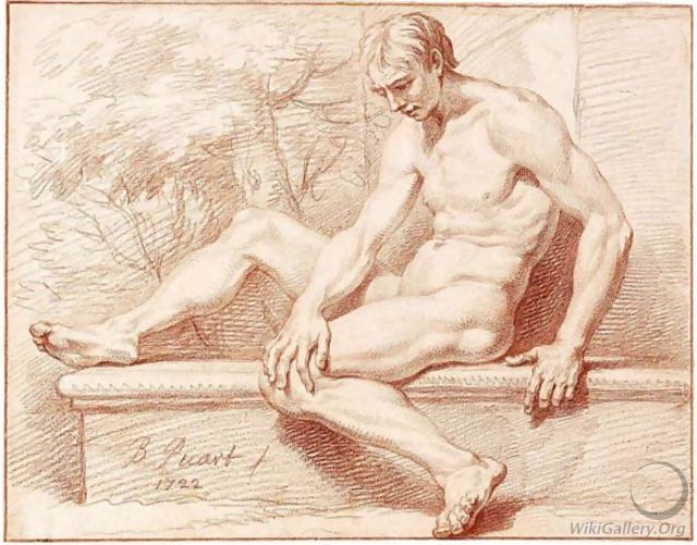 Male Nude, Seated On A Stone Ledge, In A Landscape - Bernard Picart