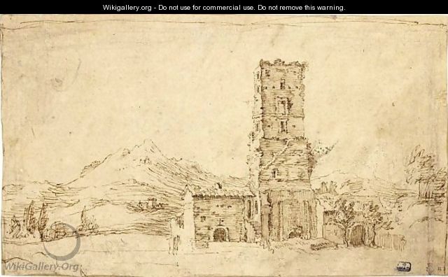 Mountainous Italianate Landscape With A Square Tower - Dutch School