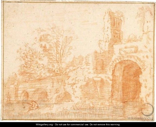 River Landscape With A Fisherman By A Partially Ruined Bridge - (after) Jan Weenix
