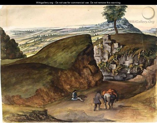 Hilly Landscape With Rocks And Two Figures With A Horse - Flemish School