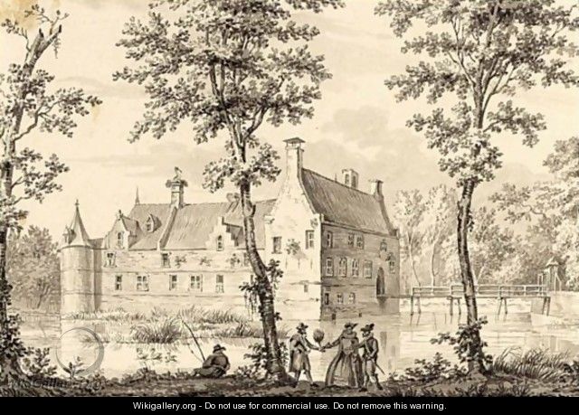 A Moated Castle, With Elegant Figures And A Fisherman In The Foreground - (after) Dirk Kuipers