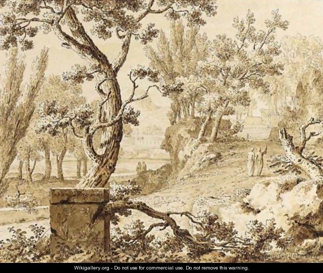 Arcadian Landscape With Figures Conversing On A Path - Johannes De Bosch