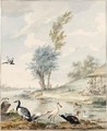 Dutch River Landscape With A Spoonbill, A Stork, A Goose, Ducks And Other Birds - Aert Schouman