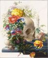 Vanitas Still-Life, With A Skull Wreathed With Flowers And A Candle And An Hour-Glass On A Stone Ledge - Herman Henstenburgh