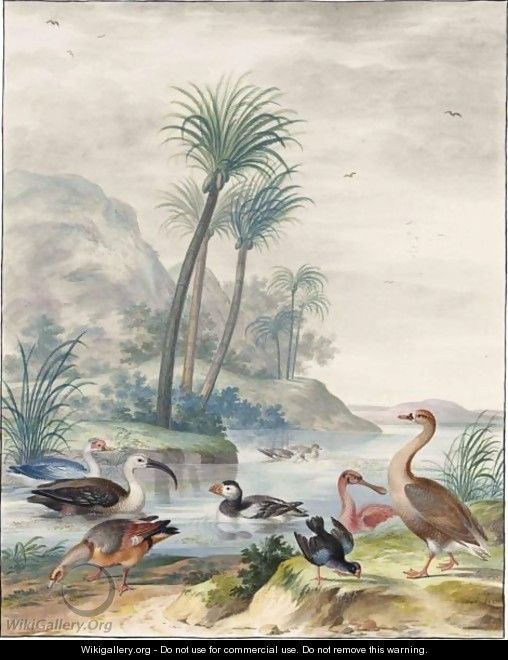 Exotic Waterbirds In A Landscape, From Left To Right A Bean Goose, A Scarlet Ibis, An Egyptian Goos - Johannes Bronckhorst
