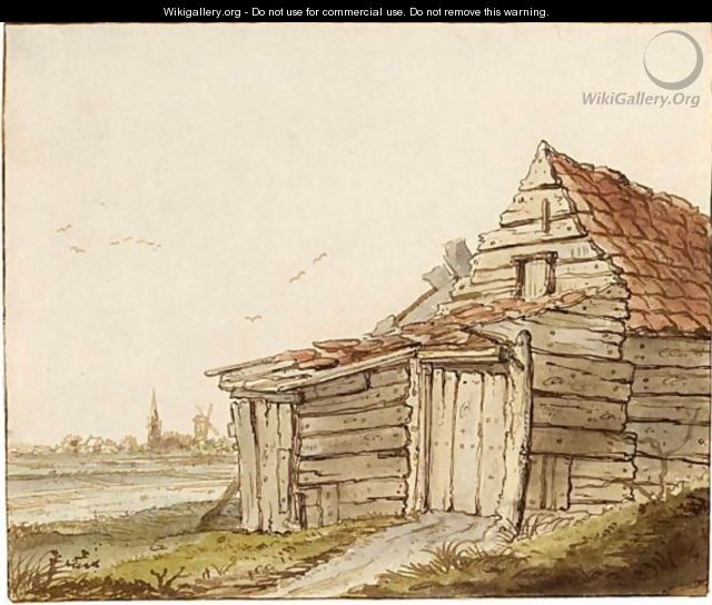A Shed, With A Church And Windmill In The Background - Anthonie Erkelens