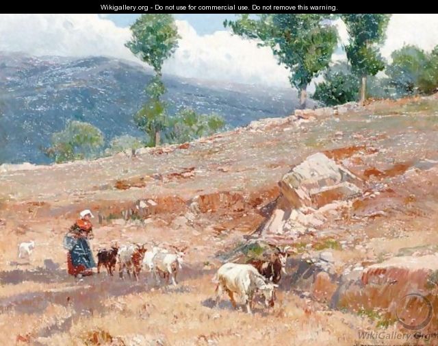 Goatherder In A Landscape - Mariano Barbasan-Langueruela