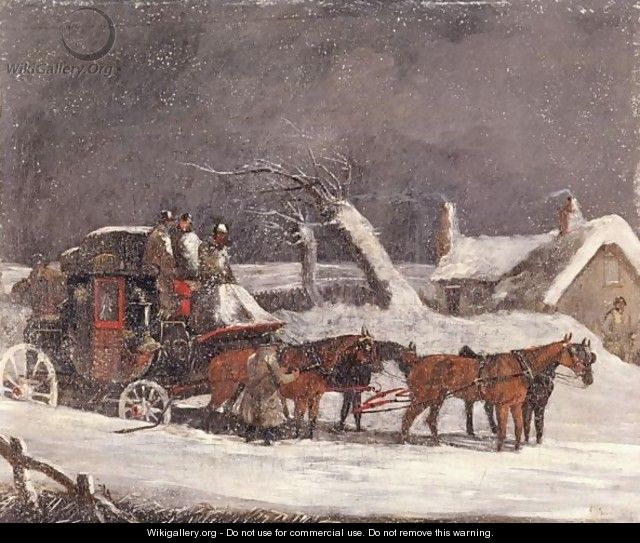 The Dover To London Coach At A Halt By A Cottage In The Snow - (after) Henry Alken