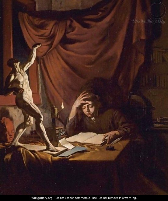 A Young Scholar Reading By Lamplight In A Study With An Ecorche Model And A Plaster Head Of A Putto On A Table - Job Adriaensz. Berckheyde