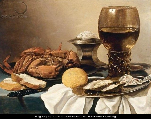 Still Life Of A Crab On A Pewter Plate, A Salt-Cellar, A Roemer, A Knife, A Lemon And Two Oysters On A Pewter Plate, All Resting On A Draped Table - Pieter Claesz.
