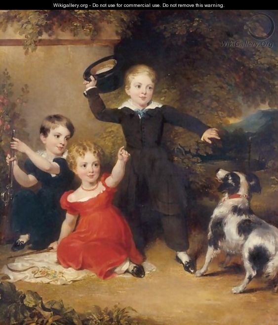 Portrait Of Three Children In A Landscape With A Dog - John Wood