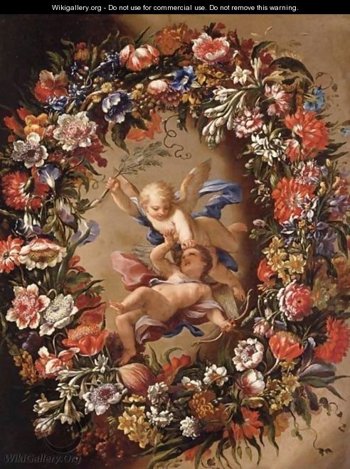 Putti Surrounded By A Garland Of Flowers - Giovanni Stanchi