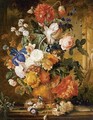 Peonies, Roses, Carnations, An Iris, Anemones, Auricula And Other Flowers In A Terracotta Vase, With Orange Blossom, Morning Glory And A Birds Nest On A Marble Ledge, A Colonnade Beyond - Melanie de Comolera