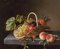 Still Life Of Fruit And Flowers In A Basket And Peaches All Resting On A Marble Ledge - Hanne Hellesen
