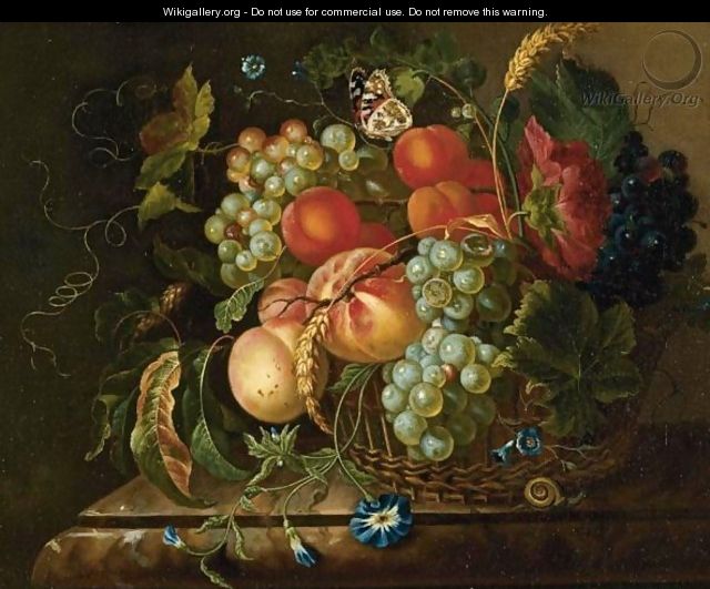 Still Life Of Fruit And Flowers In A Basket Resting On A Marble Ledge, With A Butterfly And A Snail - Dutch School