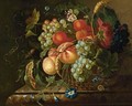 Still Life Of Fruit And Flowers In A Basket Resting On A Marble Ledge, With A Butterfly And A Snail - Dutch School