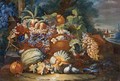 Still Life Of Melons, Grapes, Peaches And Other Fruit In A Landscape - Maximilian Pfeiler