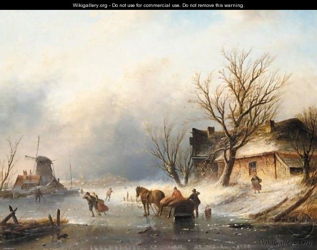 Figures Skating On A Frozen River Near A Windmill - Jan Jacob Coenraad Spohler