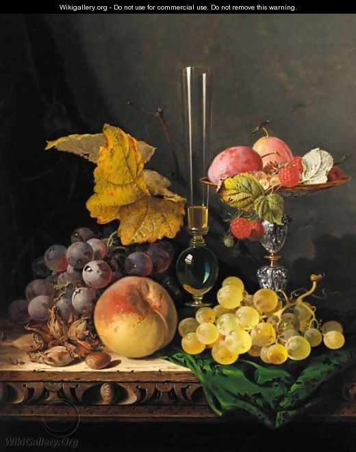 Still Life With Peaches Grapes Hazelnuts Raspberries And Plums With A Wine Glass - Edward Ladell