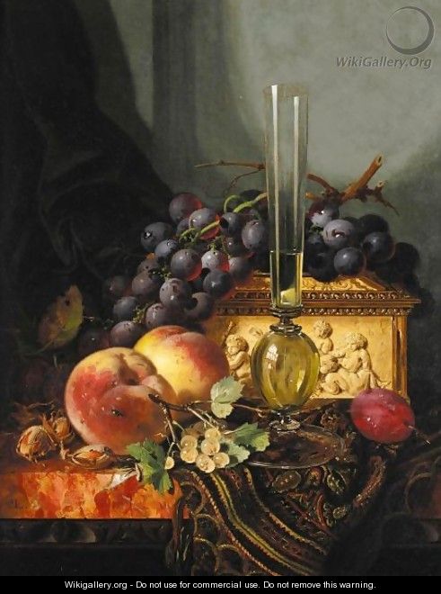 Still Life With Peaches, Grapes, Hazelnuts And A Plum With A Wine Glass And A Casket - Edward Ladell