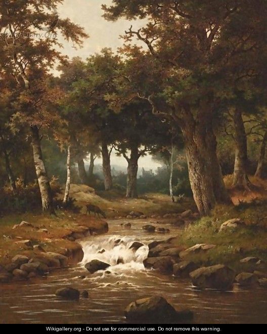 A Wooded Landscape With A Deer Nearby A River - Hendrik Pieter Koekkoek
