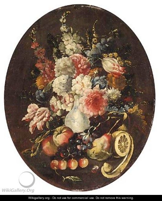 A Still Life With Various Flowers In A Porcelain Vase, Together With Apples, Grapes, Cherries, A Pear And A Lemon - North-Italian School