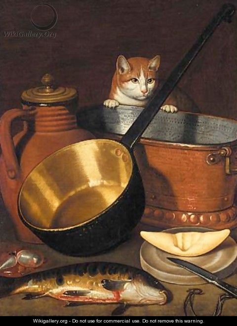 A Kitchen Still Life With A Saucepan, A Winecooler, And A Jug, Together With A Cat And A Fish - School Of Strasbourg