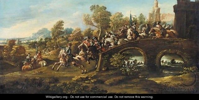 River Landscapes With Cavalry Crossing A Bridge - Pietro Graziani