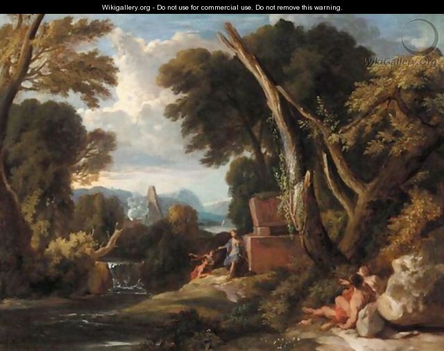 A Classical Landscape With Figures Resting Beside A River - (after) Jan Frans Van Orizzonte (see Bloemen)
