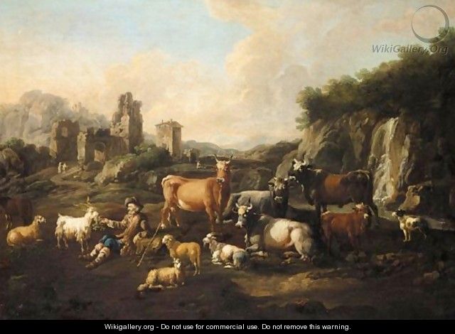 A Landscape With A Drover, Cattle And Goats Beside A Waterfall And Ruins - Cajetan