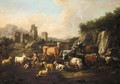 A Landscape With A Drover, Cattle And Goats Beside A Waterfall And Ruins - Cajetan