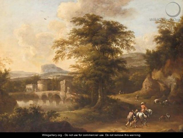 A Southern Landscape With A Horseman And Other Travellers Near A Bridge At Dusk - (after) Frederick De Moucheron