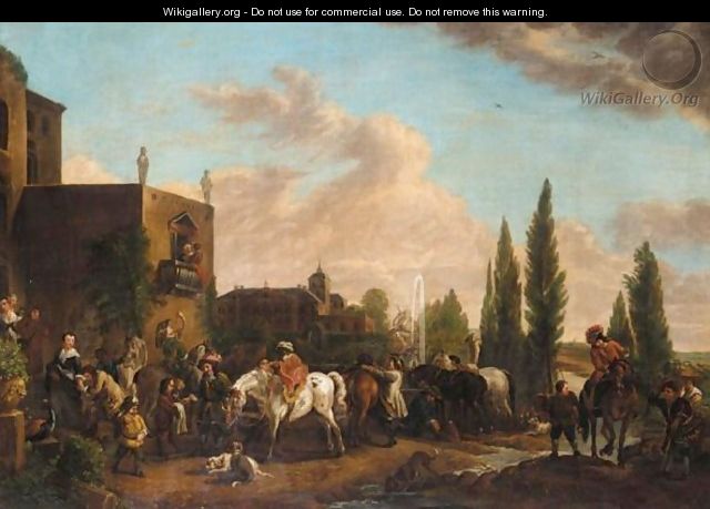An Elegant Company Resting From A Hunt Before A Palace - (after) Phillips Wouwermans