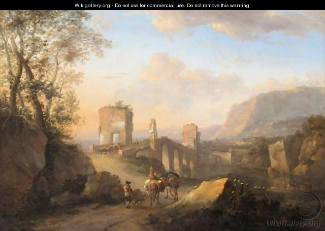 A View Of The Ponte Molle With Drovers And Donkeys On A Road - (after) Jan Asselijn