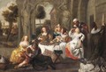 An Elegant Company Feasting Before A Classical Villa - (after) Simon De Vos