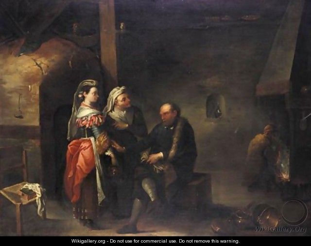 An Interior With A Procuress Presenting A Young Lady To An Old Man, A Boor Warming Himself Beside A Fire Beyond - (after) Matheus Van Helmont