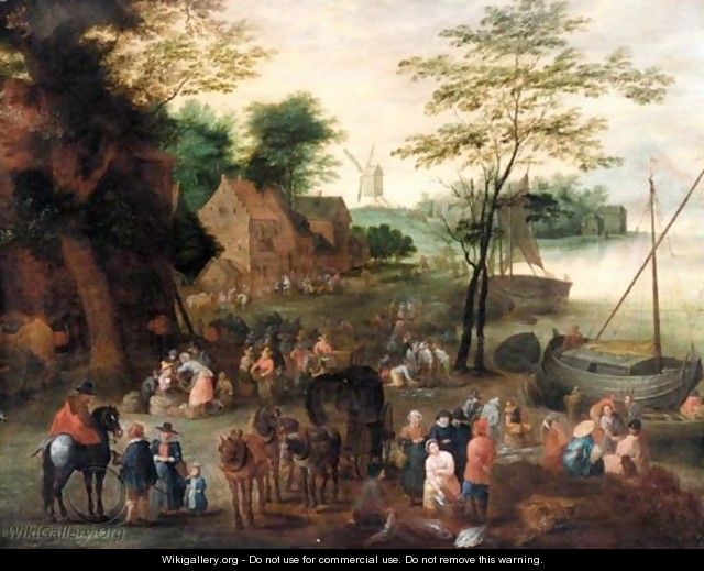 A River Landscape With A Fish Market - (after) Jan The Elder Brueghel