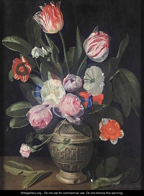 Still Life Of Tulips And Roses In A Stoneware Vase - Jan Philip van Thielen