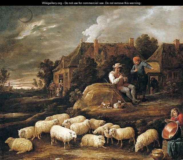 A Shepherd Tending His Sheep And Conversing With A Traveller At The Edge Of A Village, A Boy Collecting Water In The Foreground - David The Younger Teniers
