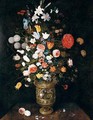 Still Life Of Roses, Daffodils, Carnations, Snake-Head Fritillaries, Irises And Lilies In A Sculpted Parcel-Gilt Vase, Upon A Stone Ledge - Jan, the Younger Brueghel