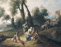 A Landscape With Travellers And Pilgrims Resting Beside A Stream, Ruins Beyond - Giuseppe Zais