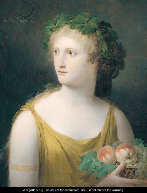 Portrait Of A Lady, Half Length, Wearing A Yellow Dress And Holding A Basket Of Fruit - Charles Paul Landon