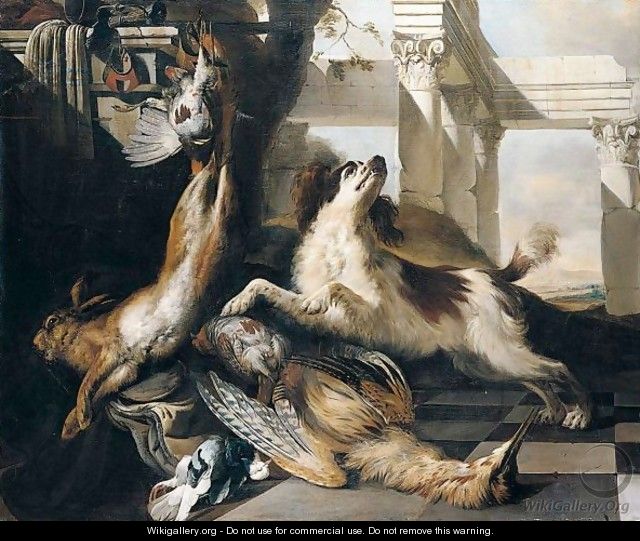 Still Life Of A Spaniel Guarding A Bittern, Partridge, Hare And A Pigeon, Together With Hunting Equipment, Arranged Within A Classical Setting - Jan Baptist Weenix