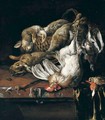 Still Life Of Rabbits On A Wicker Basket, A Bantam Cockerel, Partridge, Kingfisher And A Songbird, Together With A Knife, Arranged Upon A Marble Table-Top Draped With A Green Cloth - Melchoir D'Hondecoeter