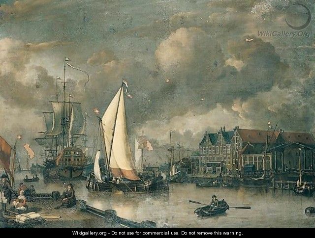 A Dutch Two Decker And Other Shipping At Anchor Along A Quayside - Jan Claes Rietschoof